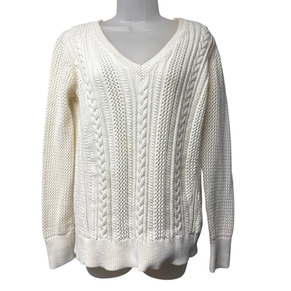 Banana Republic Women’s Size Large Cream Cable Knit Sweater V-Neck Coastal